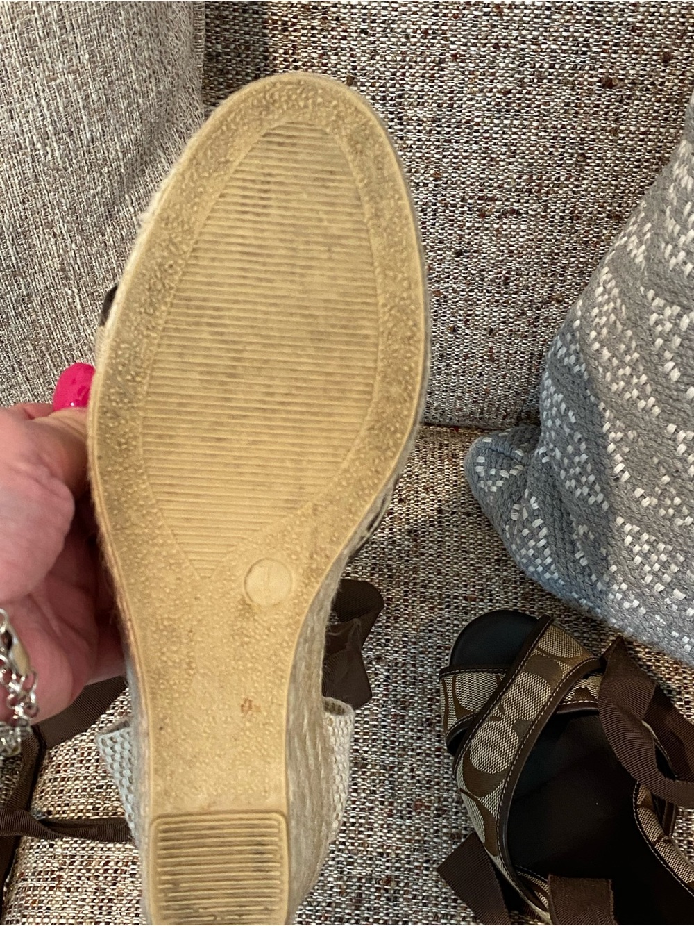 Coach Tan and Brown Signature Canvas Wedge Sandals with Ankle Wrap - Picture 11 of 14